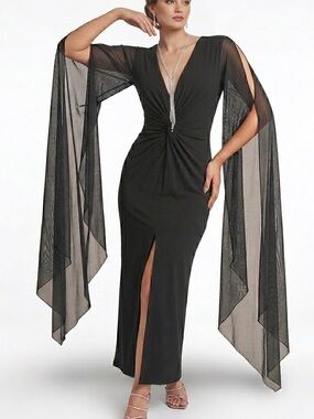 Venus Black Twist Front Maxi Dress with Sheer Split Angel Sleeves - XS
